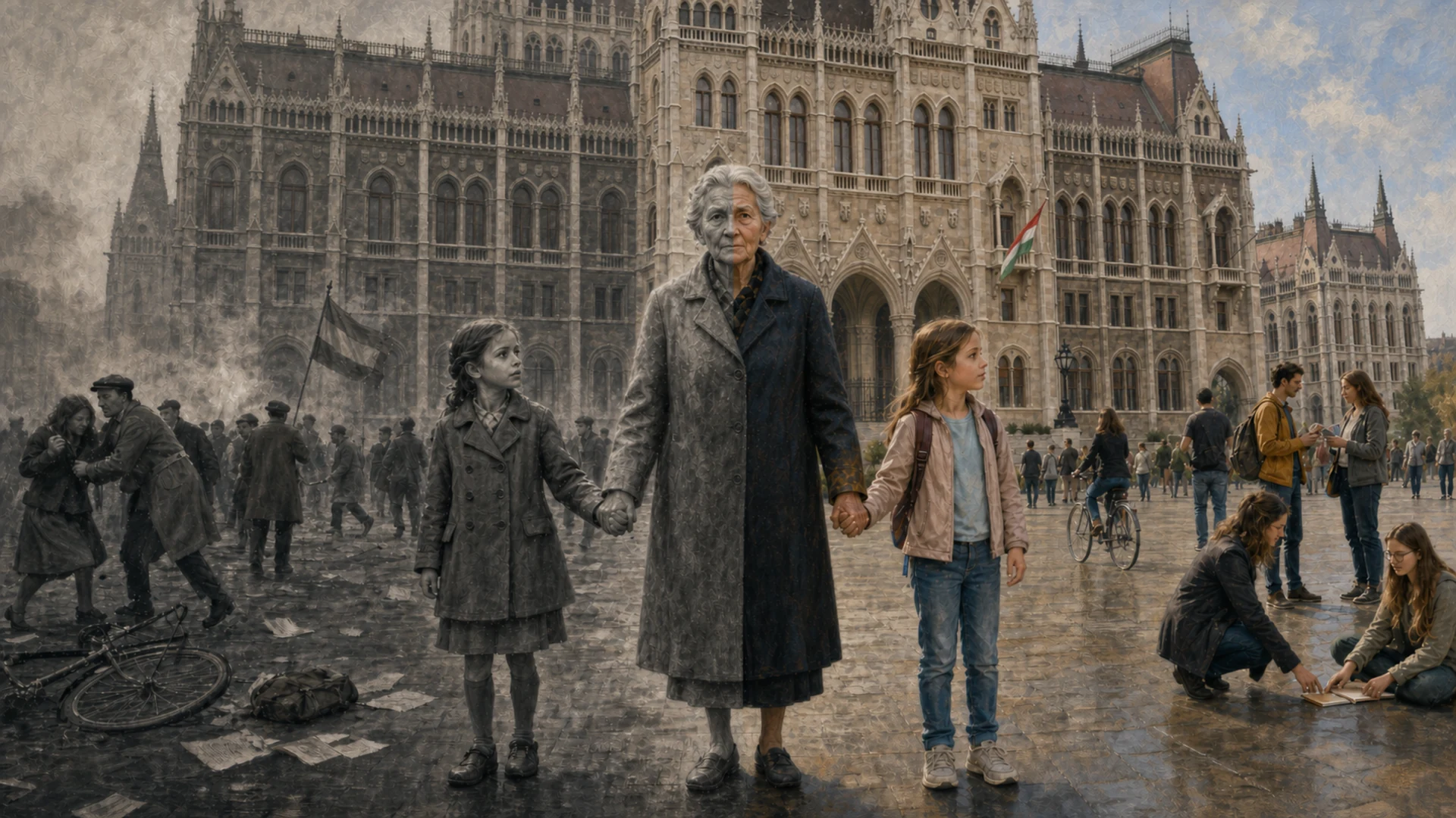 Three generations holding hands before the Hungarian Parliament, transitioning from a monochrome 1956 scene into the present day